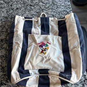 Walt Disney World Striped Canvas Tote Bag with Embroidered Mickey Design